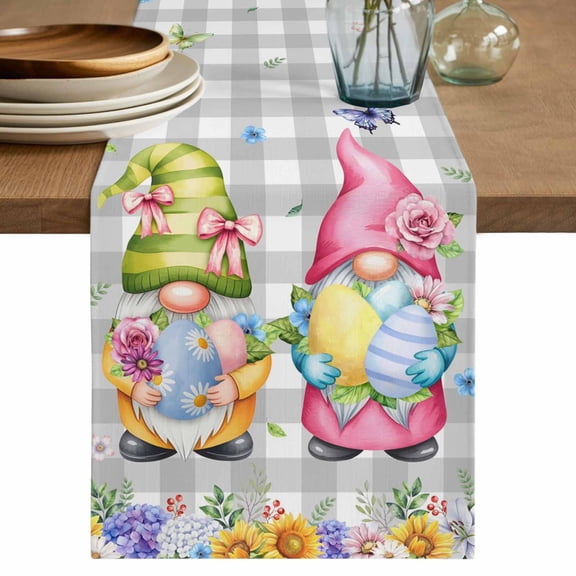 Easter Gnomes Table Runner 120 Inches, Spring Floral Eggs Flowers Butterflies Gray Plaid Bed Runner Dresser Scarves Tabletop for Indoor Outdoor Parties/Ceremony/Banquet, 13"x 120"