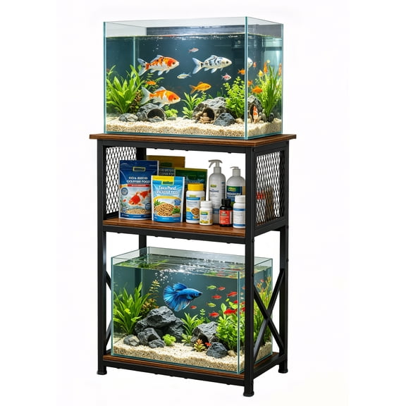 10 Gallon Aquarium Stand - 3-Tier Fish Tank Stand with Storage Shelf - Metal & Wood Frame, 220 lb Load Capacity, 20.5 x 11 x 30.5 in - Color: Brown