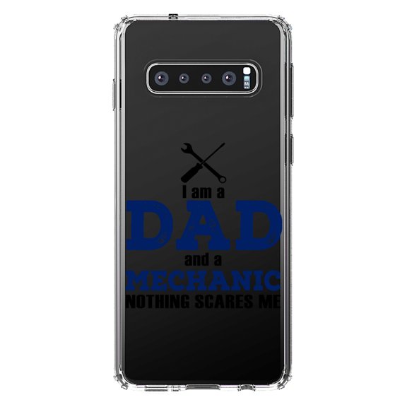 DistinctInk Clear Shockproof Hybrid Case for Samsung Galaxy S10  PLUS (6.4" Screen) - TPU Bumper Acrylic Back Tempered Glass Screen Protector - Dad and Mechanic - Nothing Scares Me