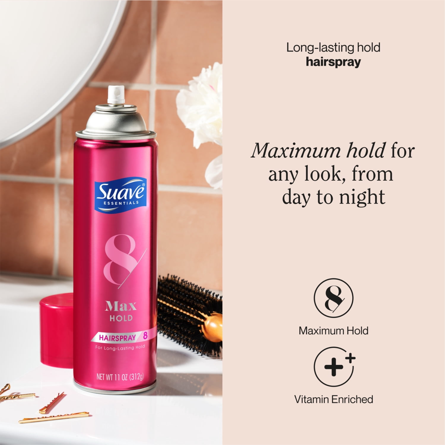(3 pack) Suave Max Hold 8 Aerosol Hairspray For Women, Strong Hold For All Hair Types, 11 OZ