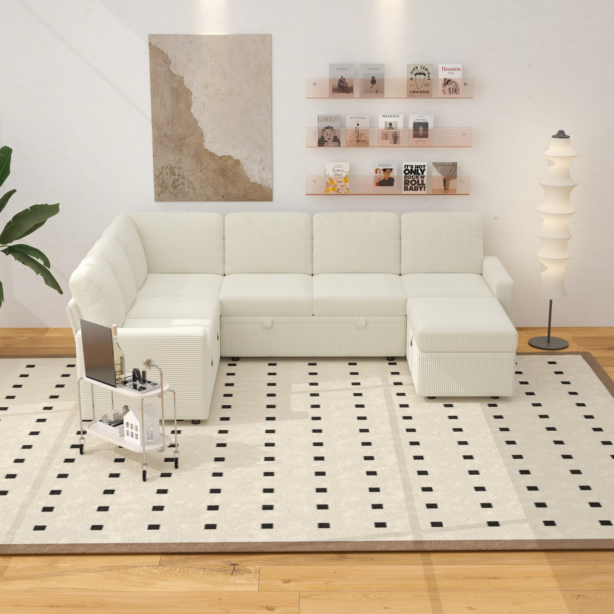 Gewnee 6-Seater Beige L-Shaped Convertible Sofa - Soft-Touch Corduroy Fabric,Multifunctional Storage, for Living Rooms & Halls（including 1 footstool）