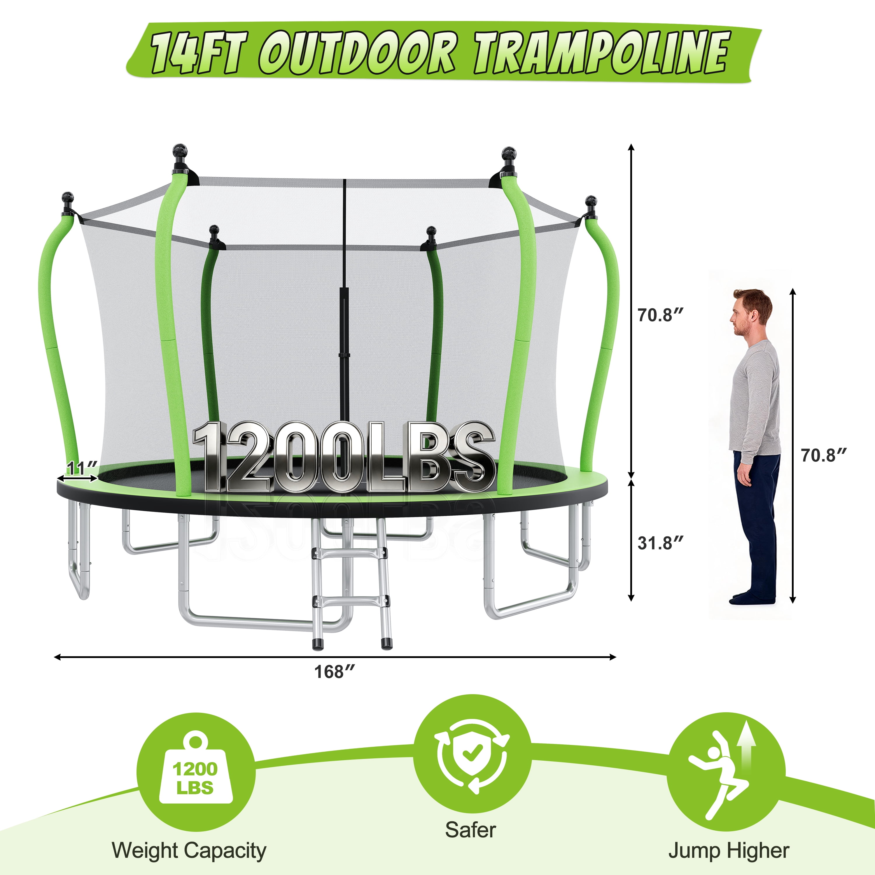 EUROCO 14FT Premium Trampoline with UV Resistant Safety Enclosure and Ladder, Round Backyard Bouncer Maximum Load Capacity for Kids and Adults