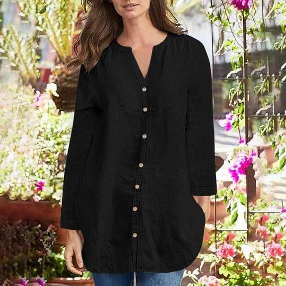 Button Down Shirts for Women Solid Color Long Sleeve Top Cotton Tee Dressy Casual Blouses Summer Thin Clothes (Black L)