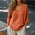 thumbnail image 2 of Women's 3/4 Sleeve Tops V Neck Breathable Shirts Loose Fit Linen Shirts for Women Lightweight Cotton Blouse Plus Size Shirts for Women Work Top Cute Summer Tops Womens Shirts Casua,Orange,4XL, 2 of 5