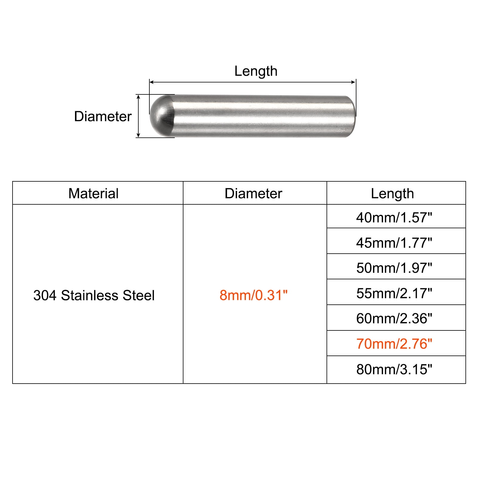 8x70mm Dowel Pins, 20pcs 304 Stainless Steel Round Head Flat Chamfered End Dowel Pin Bunk Bed Pins Shelf Pegs Support Shelves Fasten Elements