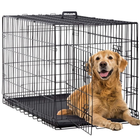 BORGEBY 42 Inch Dog Crate Kennel Double-Door Folding Metal Dog Cage for Large Sized Breeds Portable with Plastic Leak-Proof Pan Tray Black