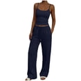 thumbnail image 2 of ClodeEU Women's Ribbed Knit Spaghetti Strap Top and Drawstring Waist Long Pants Set , Solid Color Casual Two Piece Outfit Blue,Women's Plus M, 2 of 5