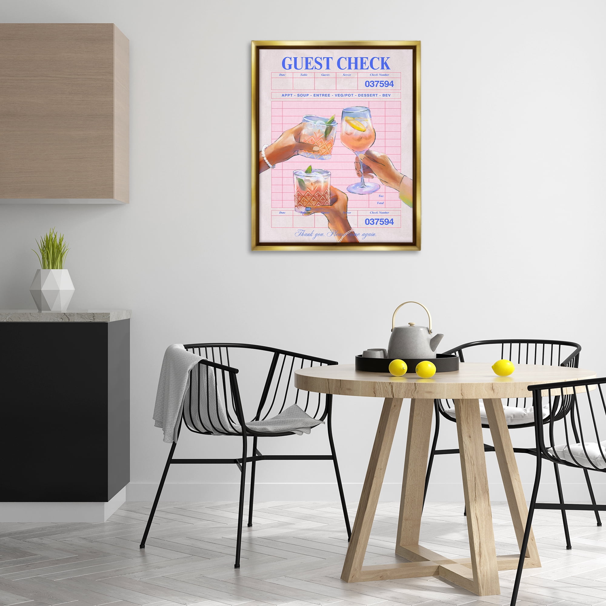 Stupell Industries Cheers over Guest Check Food & Beverage Painting Gold Floater Framed Canvas Art Print Wall Art, 25 x 31