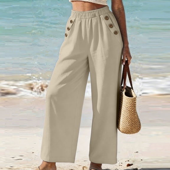 Lmueinov Womens Cotton Wide Leg Pants Elastic Waist Casual Trousers with Decorative Buttons Solid Color Flowy Long Pants for Summer Beach Vacation Clothes