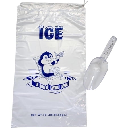 Eliteware Ice Bags 10lb, 100 Pack with Drawstring and Scoop