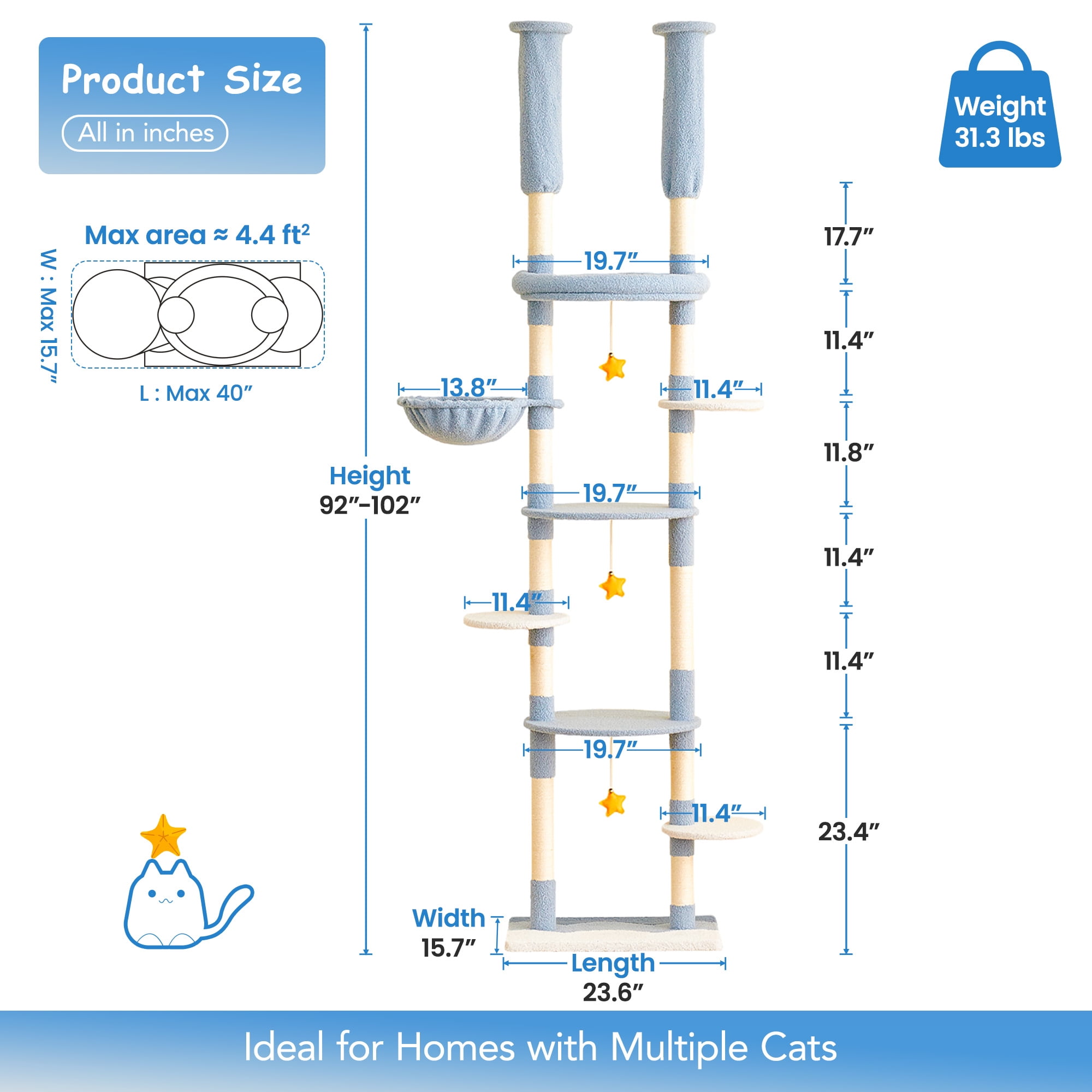 Furcato 92.1"-101.6" Adjustable Height Cat Tree, Floor to Ceiling Cat Tower, 7 Tiers Cat Climbing Tree with Hammock, Blue
