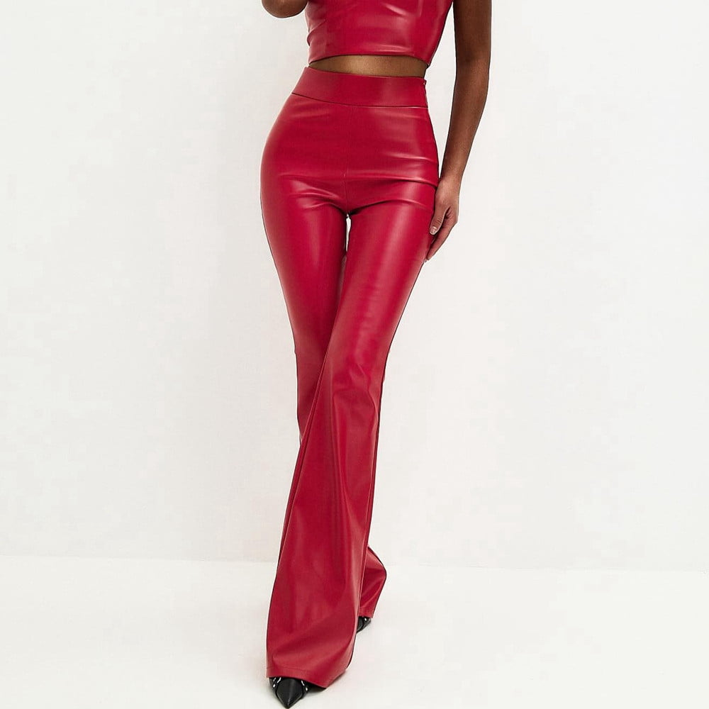 Miluxas Women Faux Leather Pants PU High Waist Straight Leg Pants with Pockets Leather Leggings Bell Bottom Flare Pants Red 6(M)