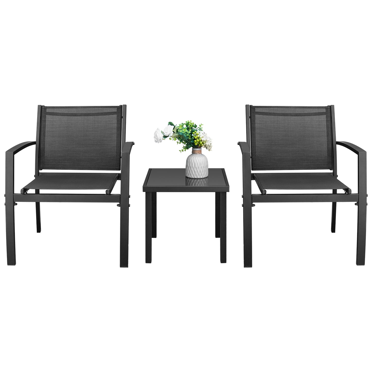 Devoko 3 Pieces Modern Outdoor Conversation  Patio  Furniture Sets Textilene Bistro, with Glassed Table Steel Frame, Black