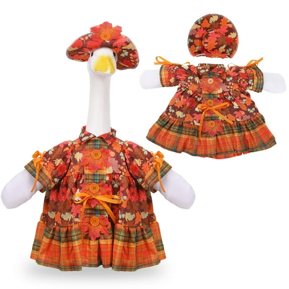 ZPQMNB Autumn Goose Outfit Set of 2, Fall Maple Dresses Clothes for 23" High Cement or Plastic Porch Goose, Fall Decorations Thanksgiving Goose Clothes with Hat for Yard Garden Lawn Outdoor Decors