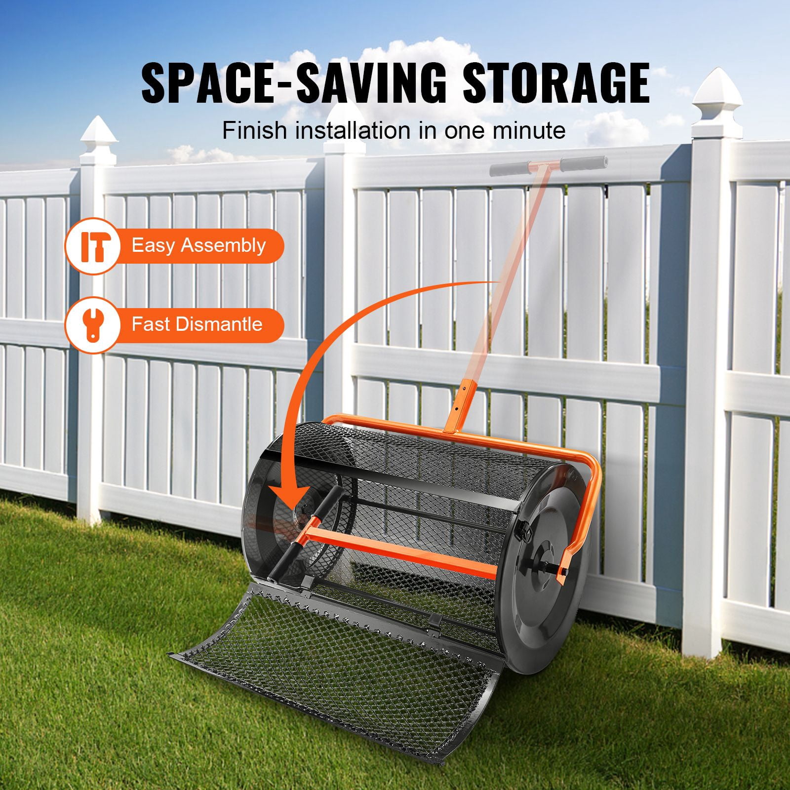 24-Inch Compost Spreader with Height Adjustable Handle, Powder Coated Steel Mesh Basket, Side Lock Roller for Peat Moss, Topsoil, Manure, Black