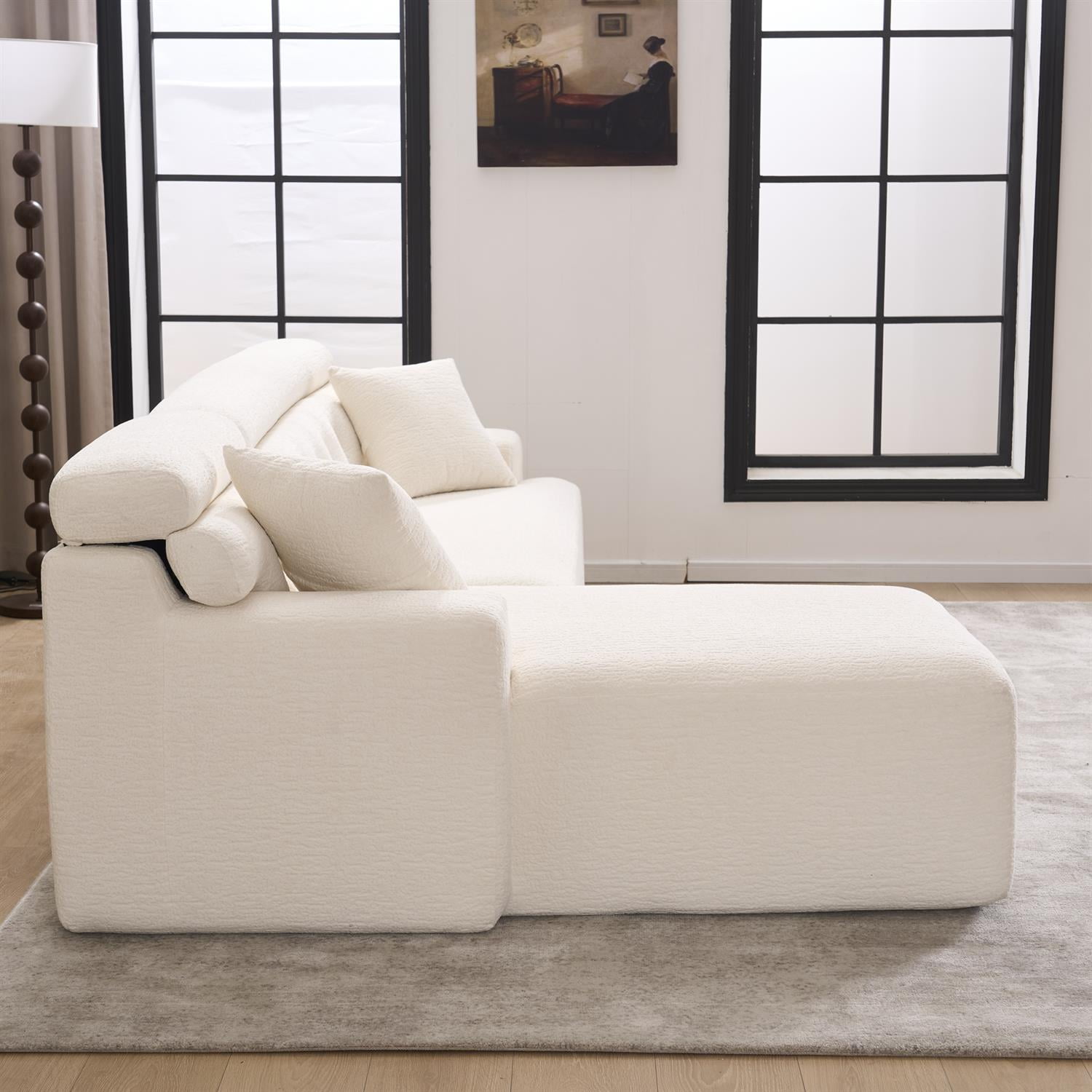 Demi Bonn 105" Modern L-Shaped Sectional Sofa, 3-Seater Couch with Chaise Lounge, 2 Accent Pillows, Wood Grain Chenille Fabric for Living Rooms, White