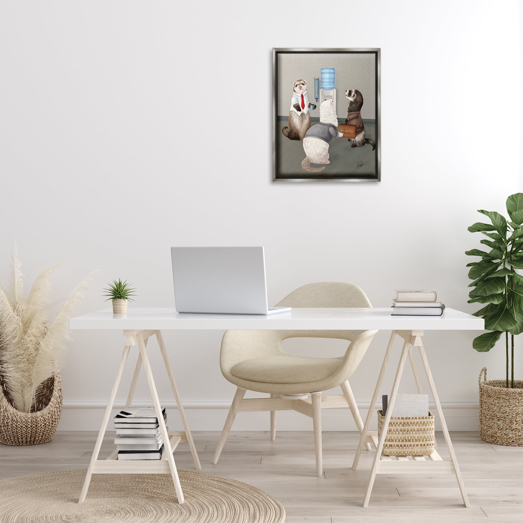 Stupell Industries Office Ferrets Water Cooler Animals & Insects Painting Gray Floater Framed Canvas Art Print Wall Art, 17 x 21