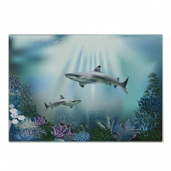 Underwater Cutting Board, Realistic Illustration Wild Sharks and Plants Corals Seaweed Aquatic Ocean Life, Decorative Tempered Glass Cutting and Serving Board, Small Size, Multicolor, by Ambesonne