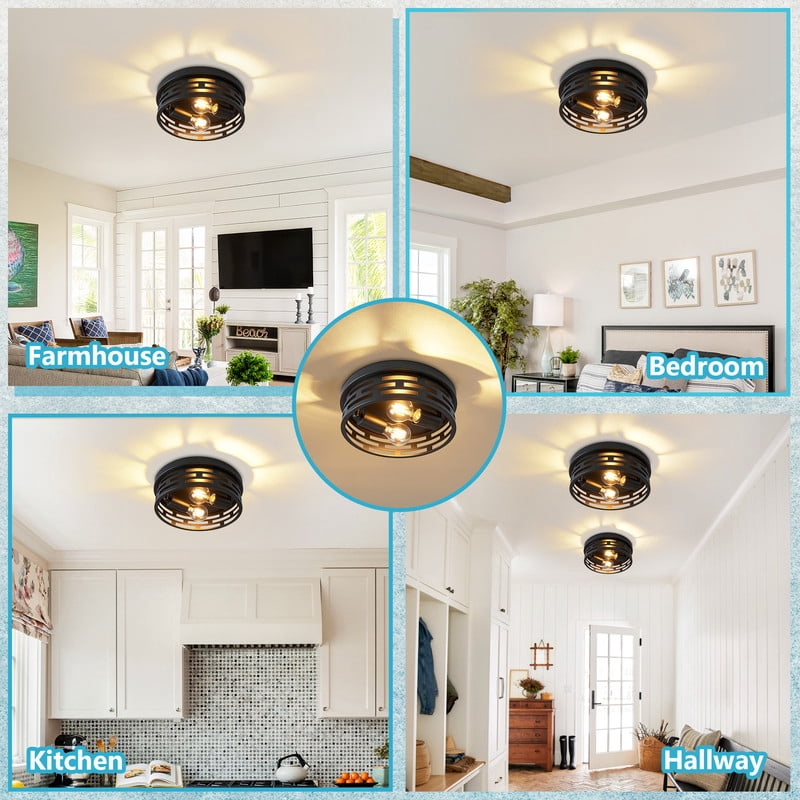 HKMGT Rustic 2-Light Flush Mount Ceiling Light, Matte Black Grid Pattern Frame, E26 Base, Round Close to Ceiling Light for Hallway, Entryway, Bedroom, Kitchen （2-Pack）