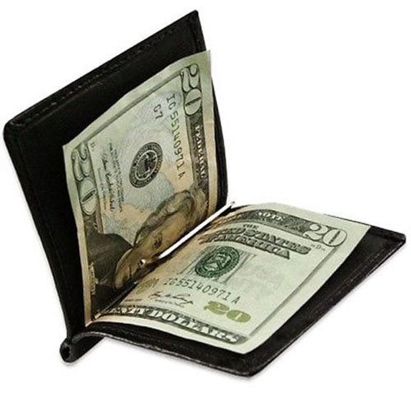 Black Genuine Cowhide Leather Men's Bifold Money Clip Minimalist Plain Wallet