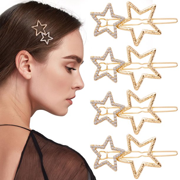 OIIKI Pasadores para el cabello, 8 pasadores para el cabello con forma de estrella dorada, pasadores geométricos huecos con diamantes de imitación, elegantes clips de metal para el cabello para mujere
