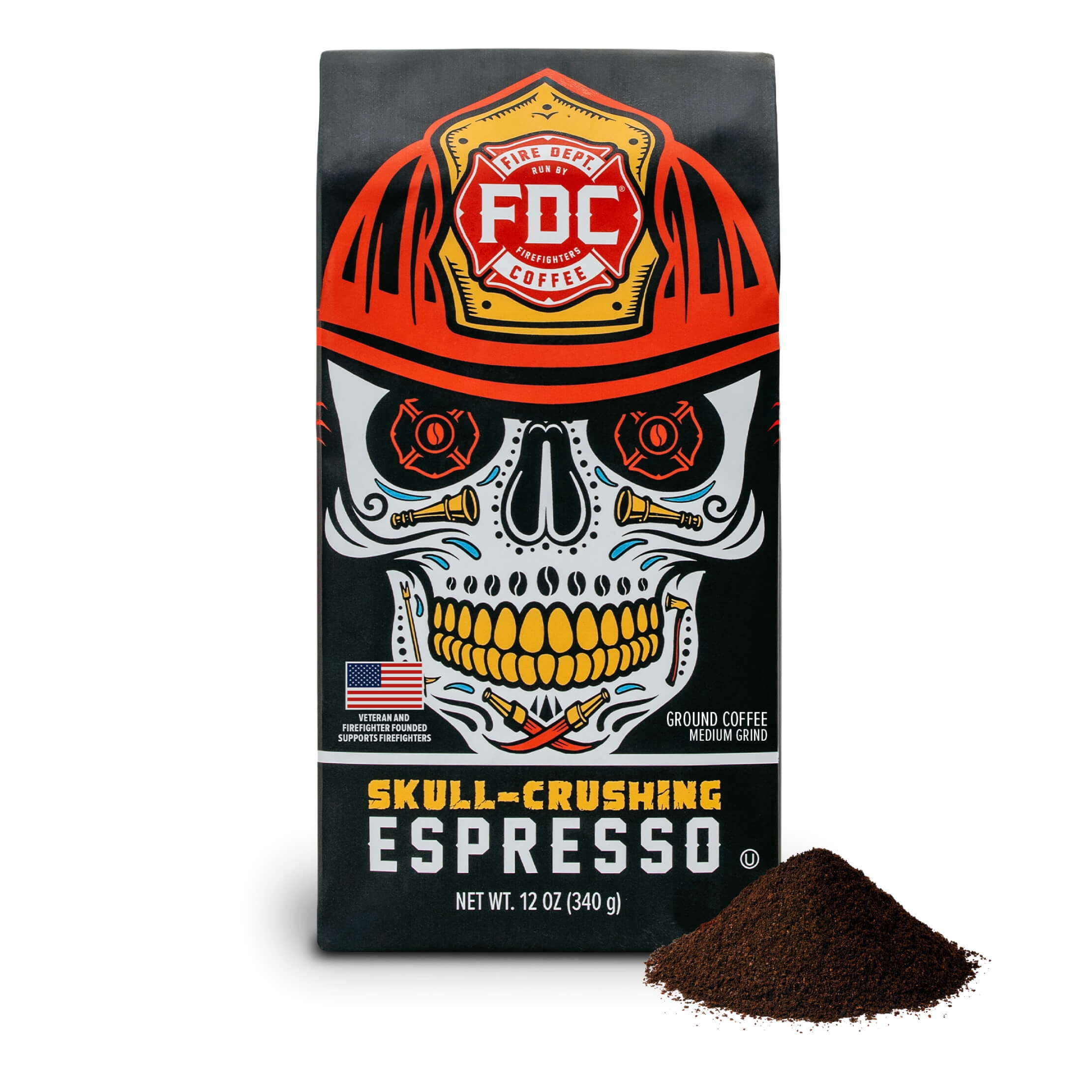 (6 pack) Fire Department Coffee Skull-Crushing Espresso Dark Roast Premium Ground Coffee, 12 oz