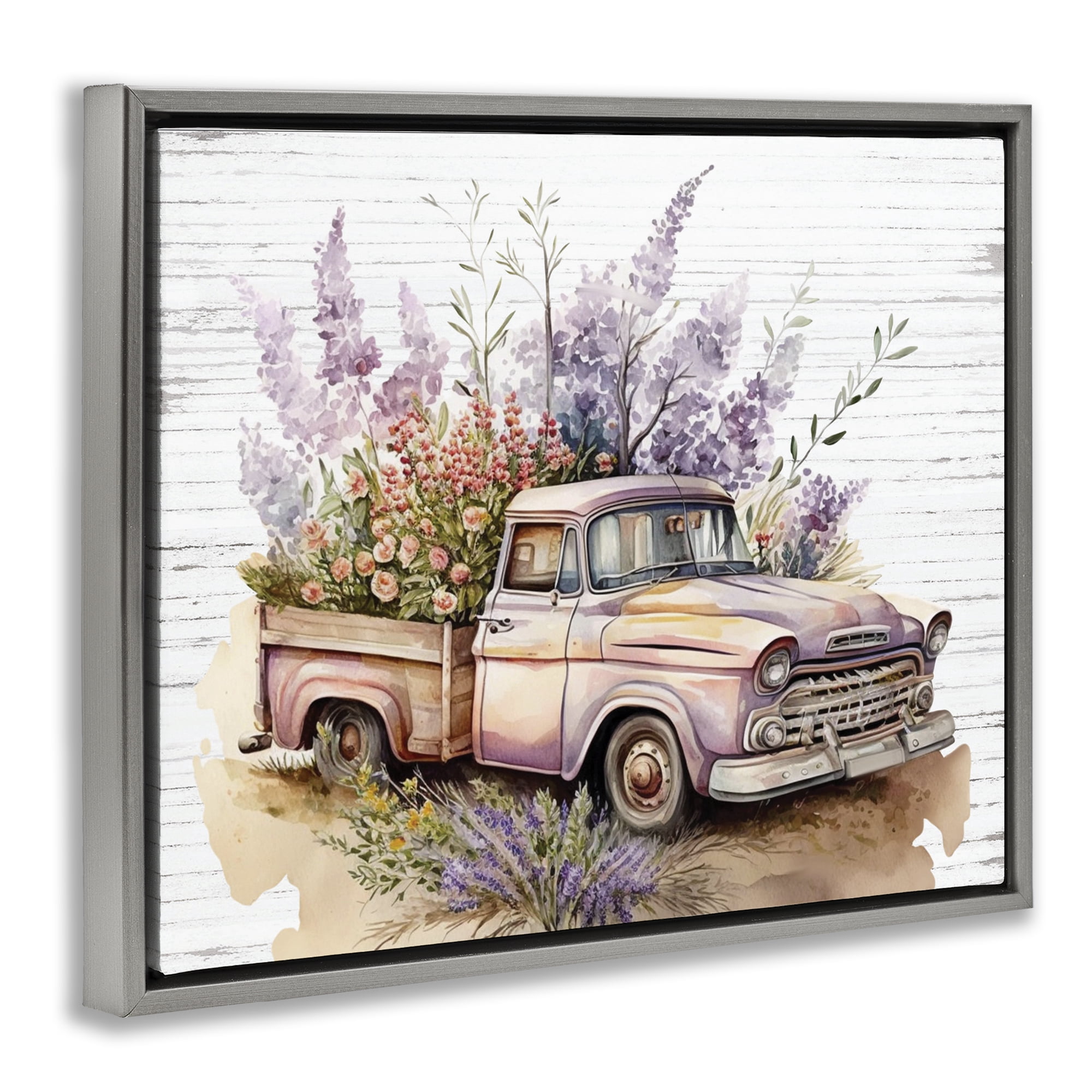 Stupell Industries Lavender Filled Truck Transportation Painting Gray Floater Framed Canvas Art Print Wall Art, 21 x 17