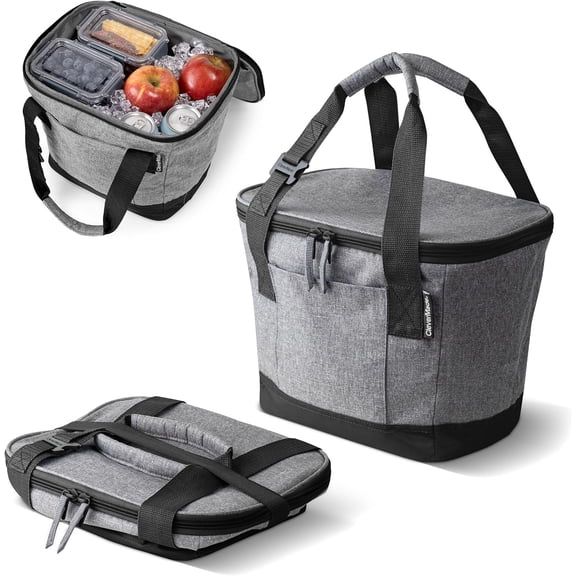 CleverMade Tahoe Small Foldable Cooler Bag, Leakproof Insulated Soft Cooler, Heather Cool Gray/Midnight Black