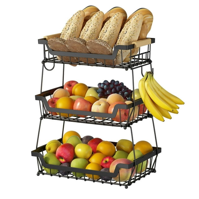 Cesta de Fruta de Metal de 3 Niveles, Cesta de Almacenamiento de Frutas de 3 Niveles con Asa, Frutero de Cocina para Almacenar Verduras y Frutas