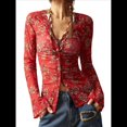 thumbnail image 3 of Camisas de Larga para Mujer, Blusas Bohemias con Estampado Floral, Blusas Ajustadas con Cuello en V y Botones Rojo S, 3 of 8