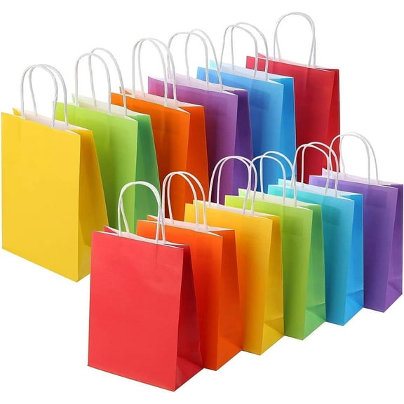 Genreen 12-Pack Rainbow Colored Gift Bags with Handles - 8 Inch Small Party Favor Bags, Recyclable Goodie Bags for Birthdays, Baby Showers, Weddings, Holidays & Celebrations