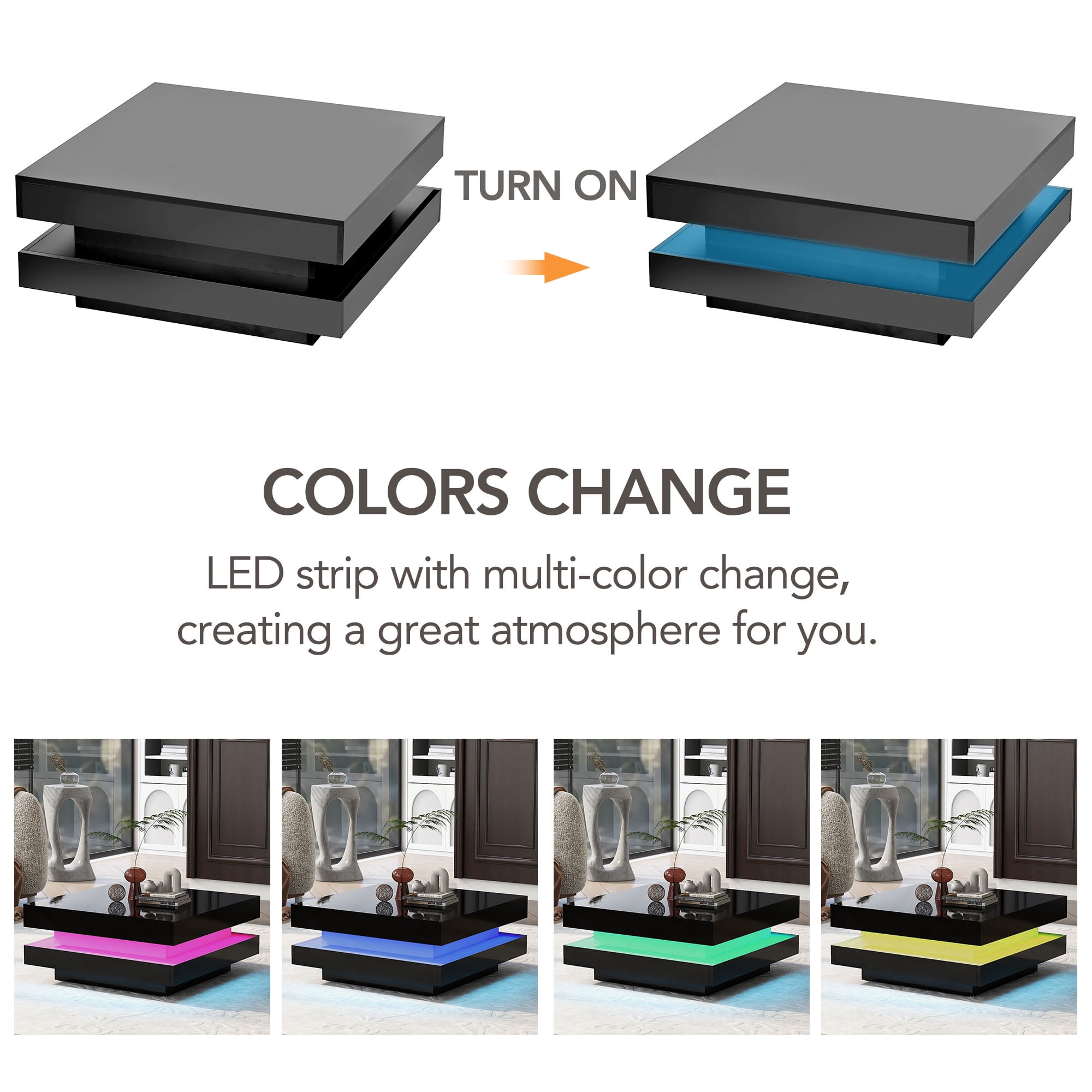 MAYEERTY High Gloss Minimalist Square Coffee Table with LED Lights, 2-Tier Center Table for Living Room, 31.5''x31.5''x14.2'', Black
