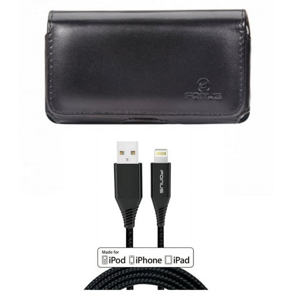 Leather Case Belt Clip w Certified 6ft MFi USB Cable for iPhone XS Max - Swivel Holster Loops Cover Pouch and Charger Cord Power Wire Braided Long