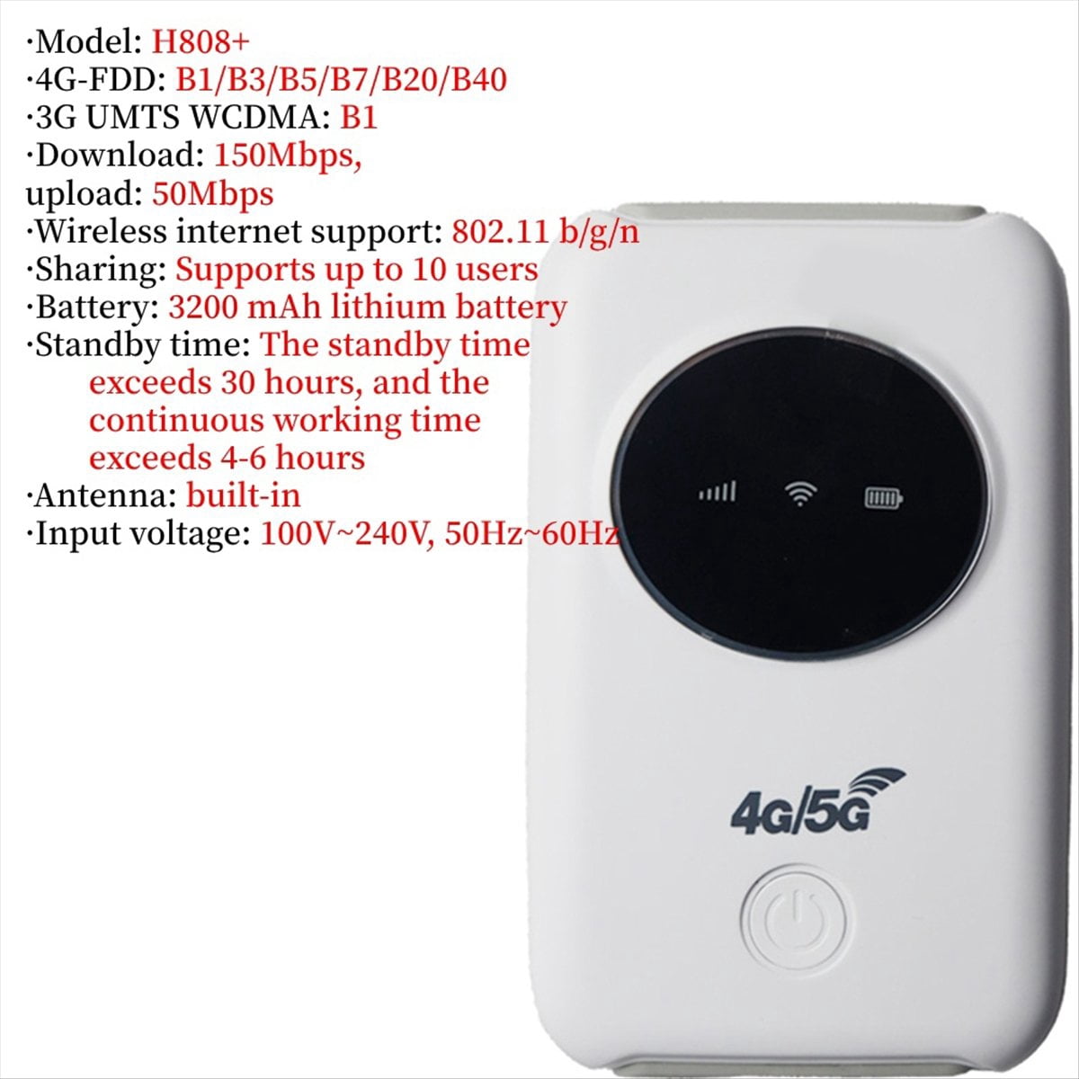 H808+ Mobile WiFi Router 4G Lte 150Mbps Portable Pocket Modem Mini Router with SIM Card Slot Hotspot for Outdoor Travel