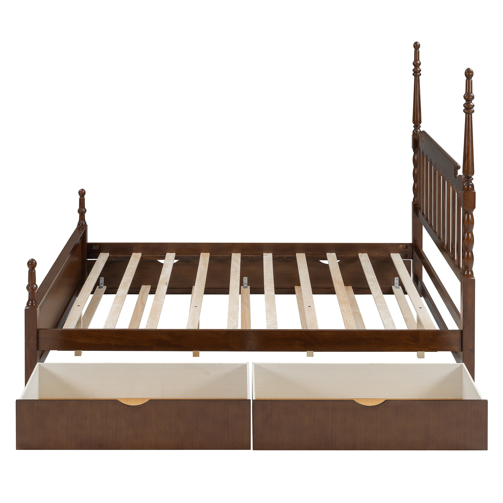 Mintazer Queen Size Bed Frame with Twin‑XL Trundle Bed & 2 Storage Drawers, Spindle Headboard Platform Bed for Bedroom, Walnut