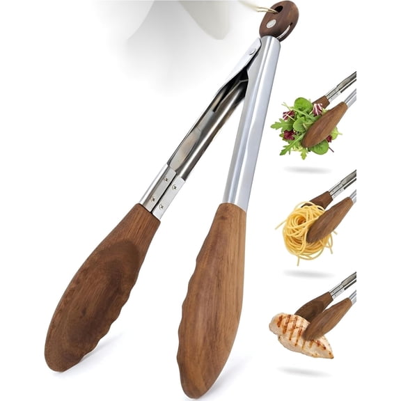 PLERISE 12 inch Wooden Salad Tongs Nonstick for Cooking, Grilling, BBQ, and Serving (Natural Walnut)