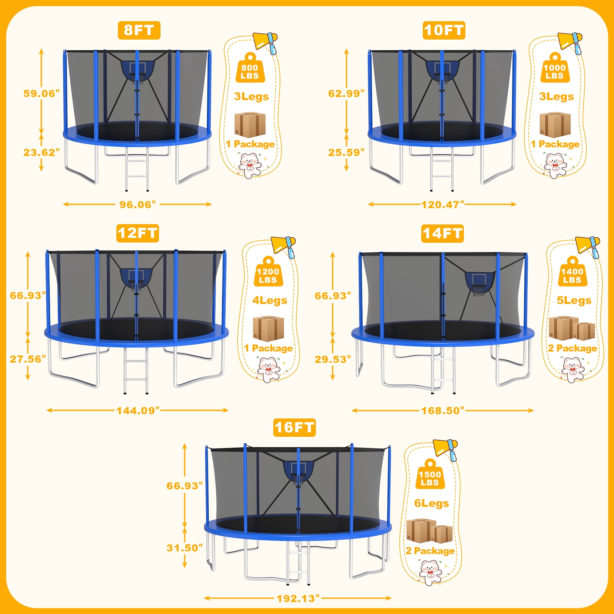XMIKA Trampolines with Enclosure Net 1500LBS 16FT Heavy Duty Trampoline for Kid Adult Outdoor Anti-Rust Trampolines with Basketball Hoop, Light, Sprinkler, Ladder, Backyard Recreational Trampoline