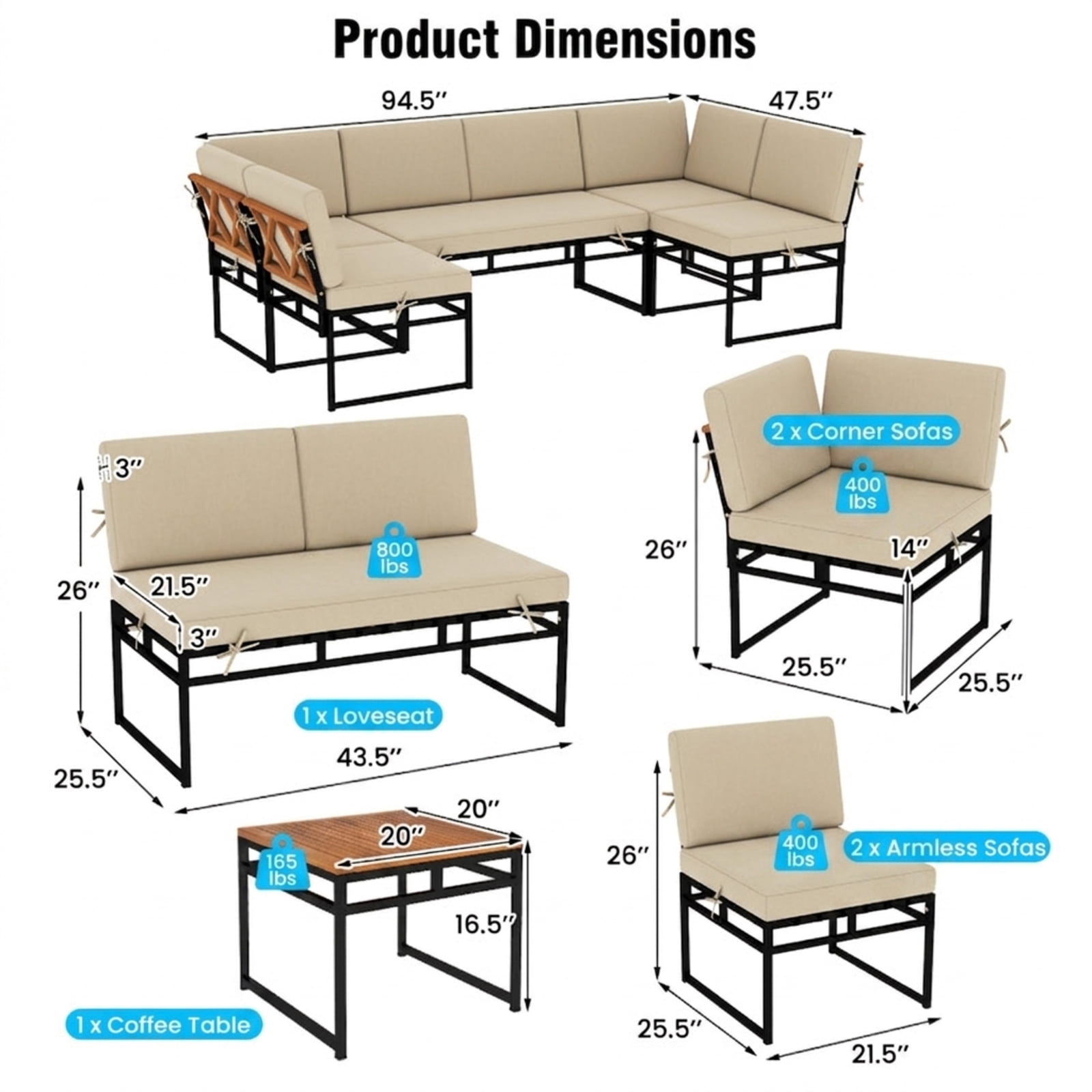Furnibear 6 Piece Outdoor Sectional Sofa Set Metal Acacia Wood Patio Conversation Set with Cushions and Coffee Table for Backyard Garden, Beige