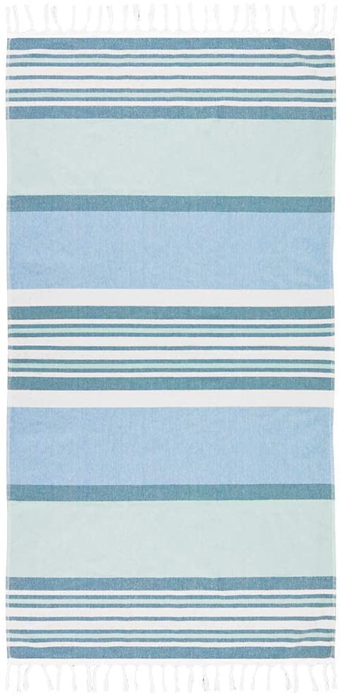 Beachland Large Fringe Beach Towel 32 x 63 inch Sand free Flat Woven in Front and Absorbent Terry on Reverse 100% Premium Cotton Turkish Style