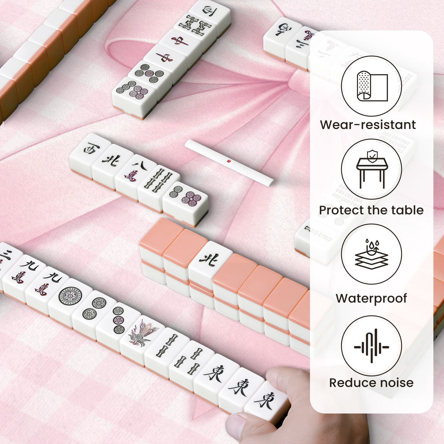 Mahjong Mat 31.5" x 31.5" Soft Pink Ribbon Bow Pastel Gingham Non-Slip Noise Reduction Mahjong Tiles Table Cover for Dominoes Poker Card Board and Tile Games
