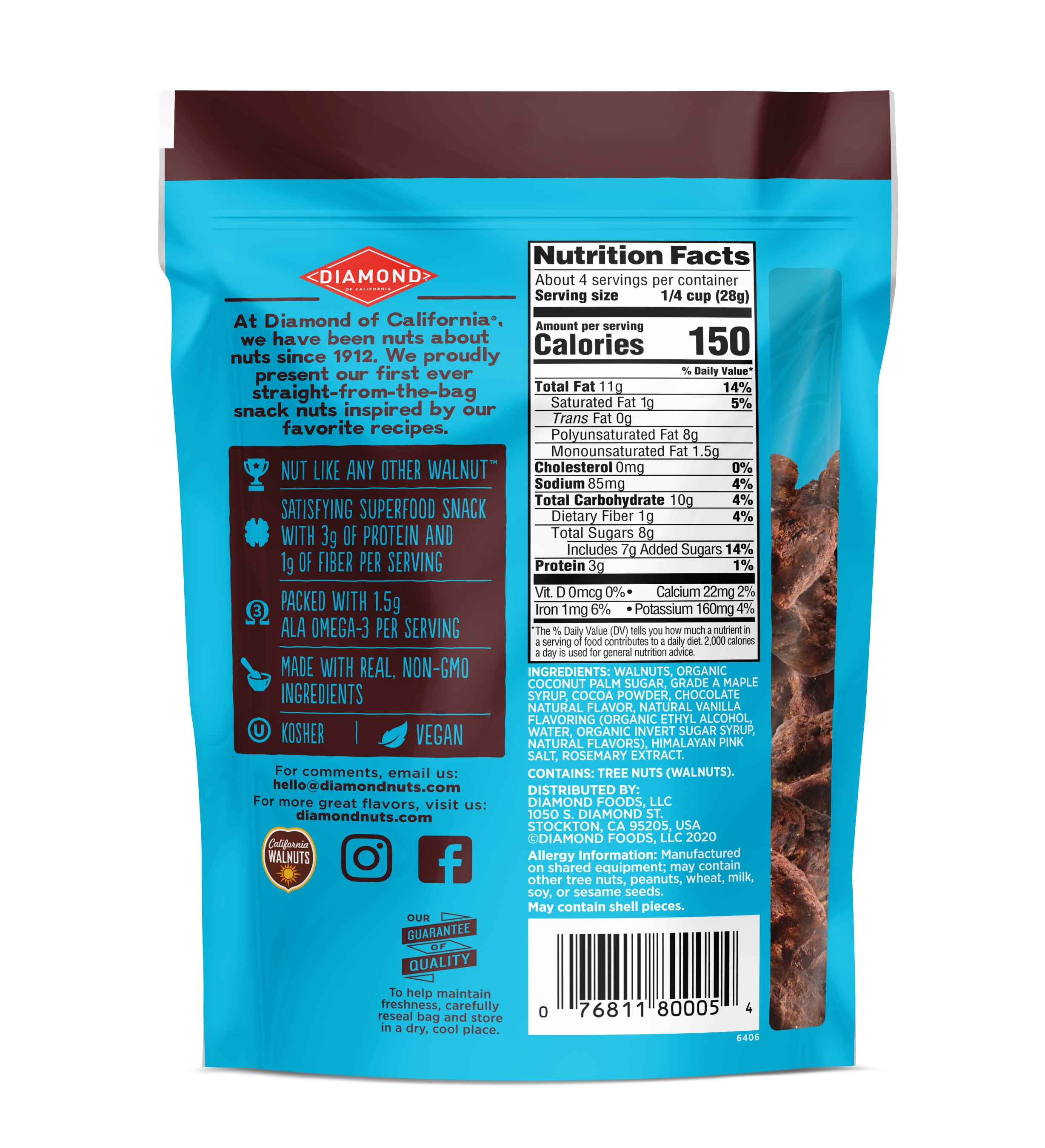 Diamond, Salted Dark Chocolate Walnuts, Crunchy, 4 oz Shelf Stable Plastic Pouch