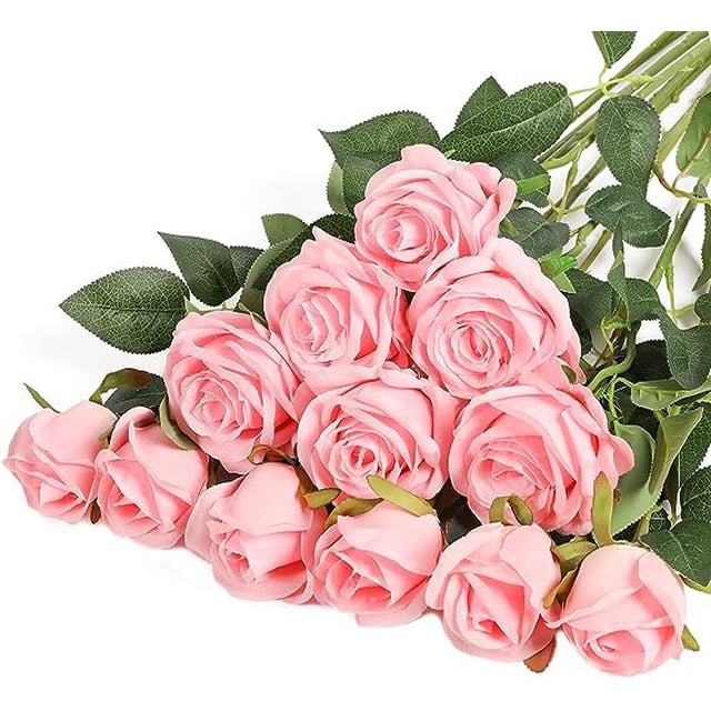 Xiao Hua 12 ramos de flores artificiales de seda, rosas realistas con tallos largos para decoración del hogar, boda o fiesta (rosa)