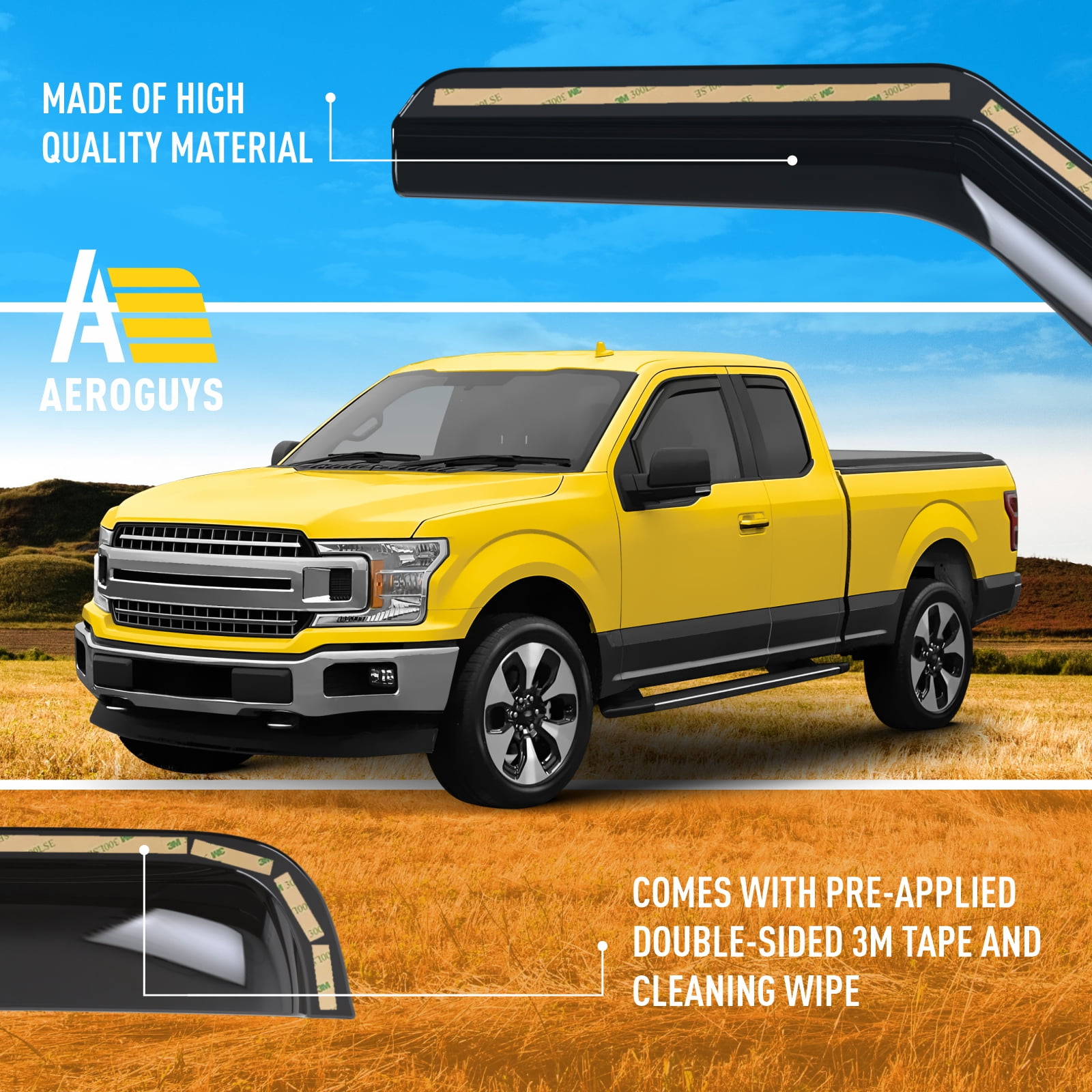 AEROGUYS In-Channel Window Deflectors Extra Durable Window Visors Rain Guards Fit for Ford F-150 2015-2020 SuperCab, Sun Visors, Wind Deflectors, Vent Visors, Truck Accessories - 4pcs. AG0048
