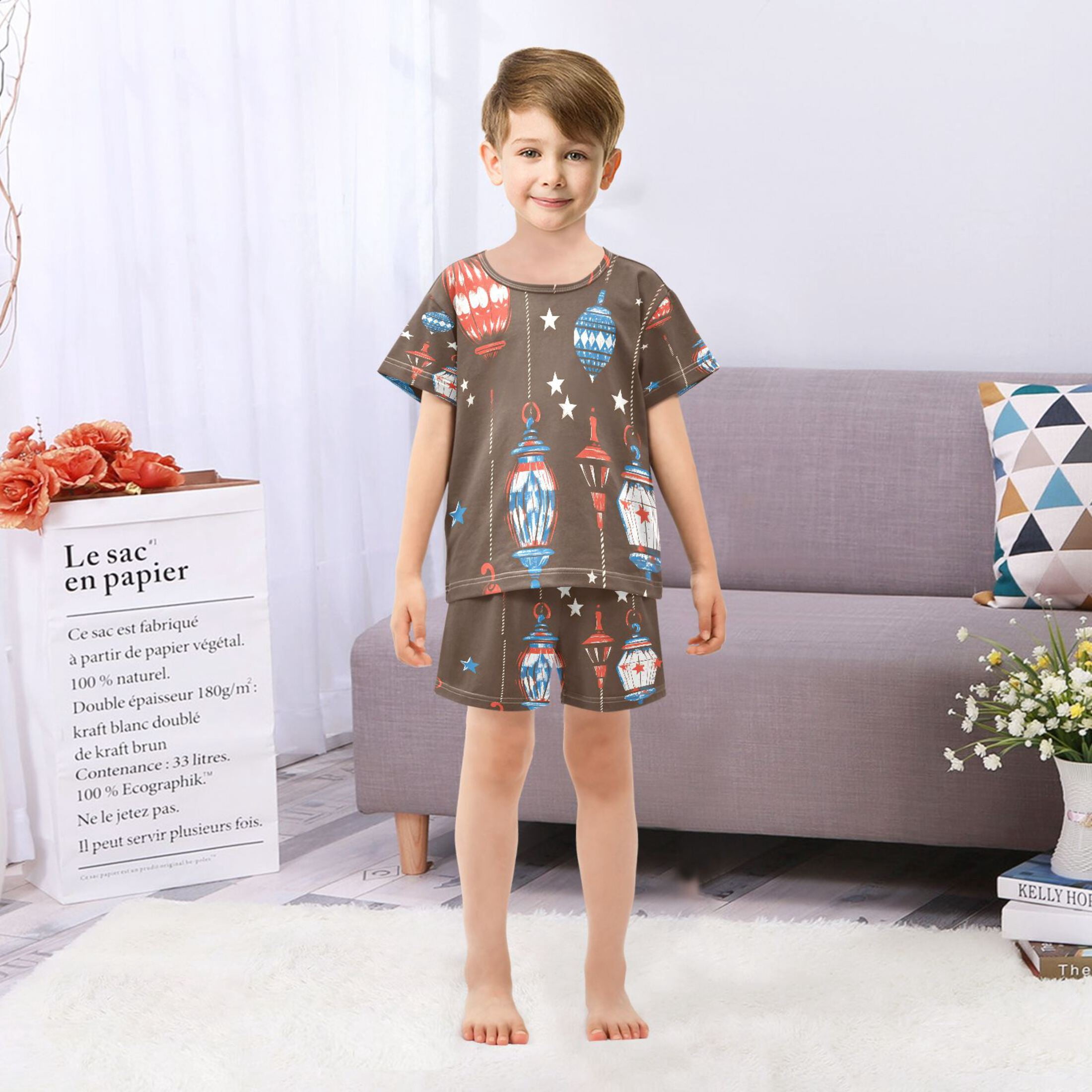 DALAWU Chandelier Star Pattern Cotton Short Sleeve Pajama Set Breathable