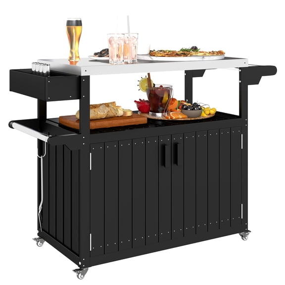 Dranite Outdoor Bar Cart with Storage, Stainless Steel Top, HDPE Kitchen Island on Wheels
