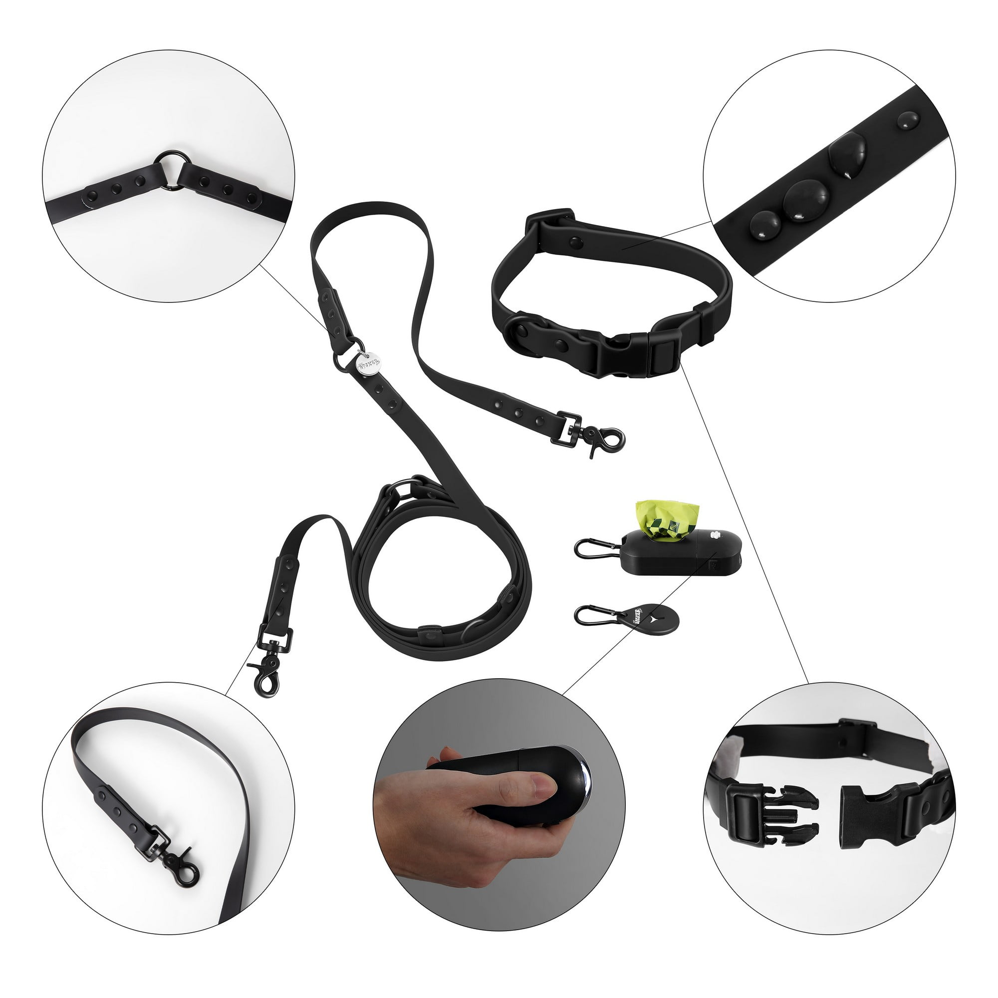 THE LICKER STORE Luna Small 8FT Adjustable 6-in-1 Waterproof Hands-Free Leash and Collar with LED Flashlight, Bag Dispenser, and Poop Bag Holder, Black, WLK1004I-5SET