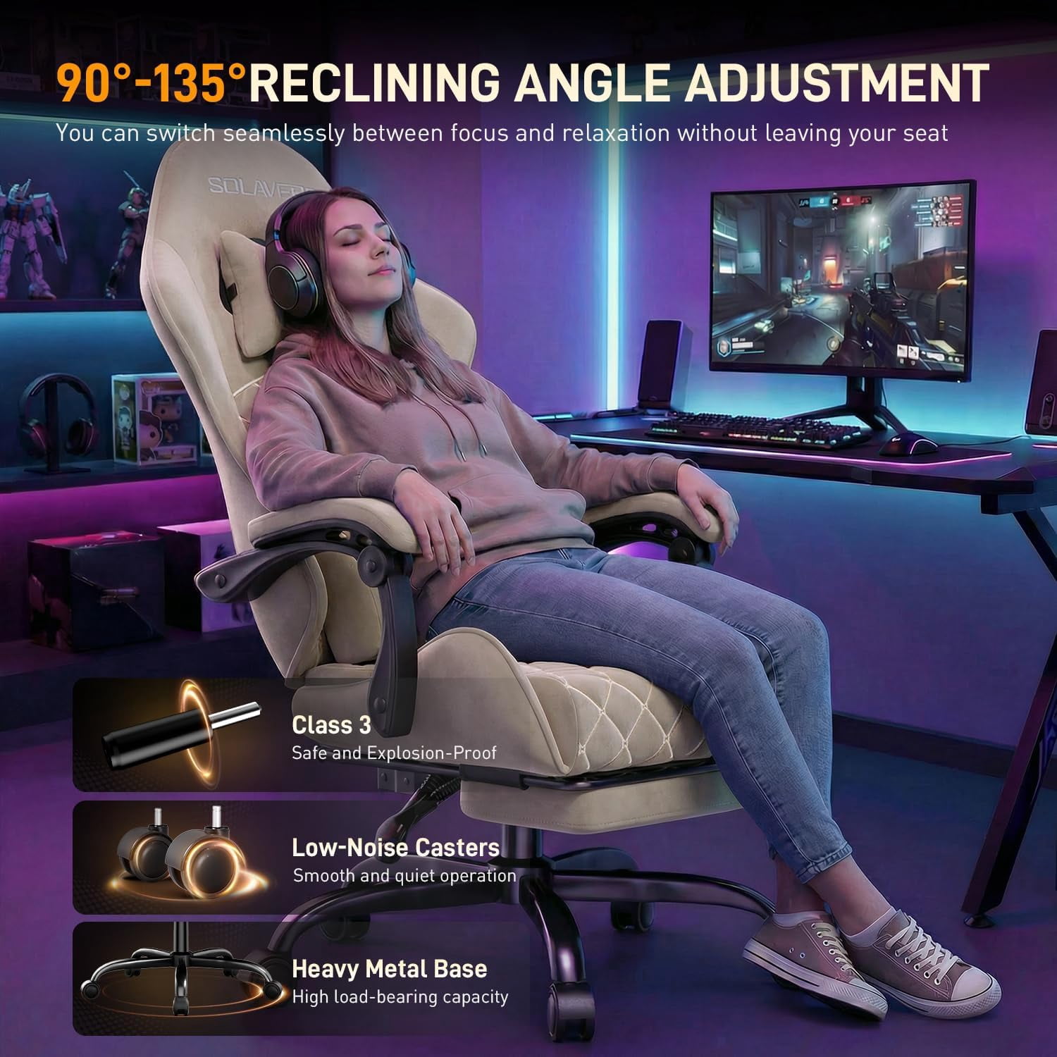 HLDIRECT Gaming Chair, Ergonomic Fabric Gamer Chair, Video Game Chair with Footrest and Massage Lumbar Cushion, Computer Office Chair