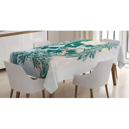 

Skull Tablecloth Scary Deadly Rocker Furious Skeleton Head Trio with Frames from Leaves Image Rectangular Table Cover for Dining Room Kitchen 52 X 70 Inches Black and White by Ambesonne