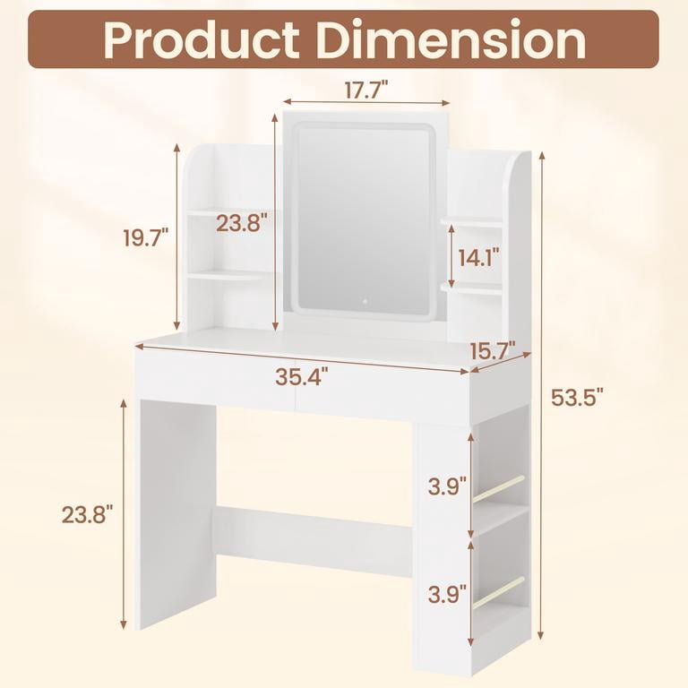 Lacoo Vanity Set with Mirror, Makeup Vanity with LED Light, Storage Drawers & Shelves, Vanity Desk for Bedroom Dressing Room, White