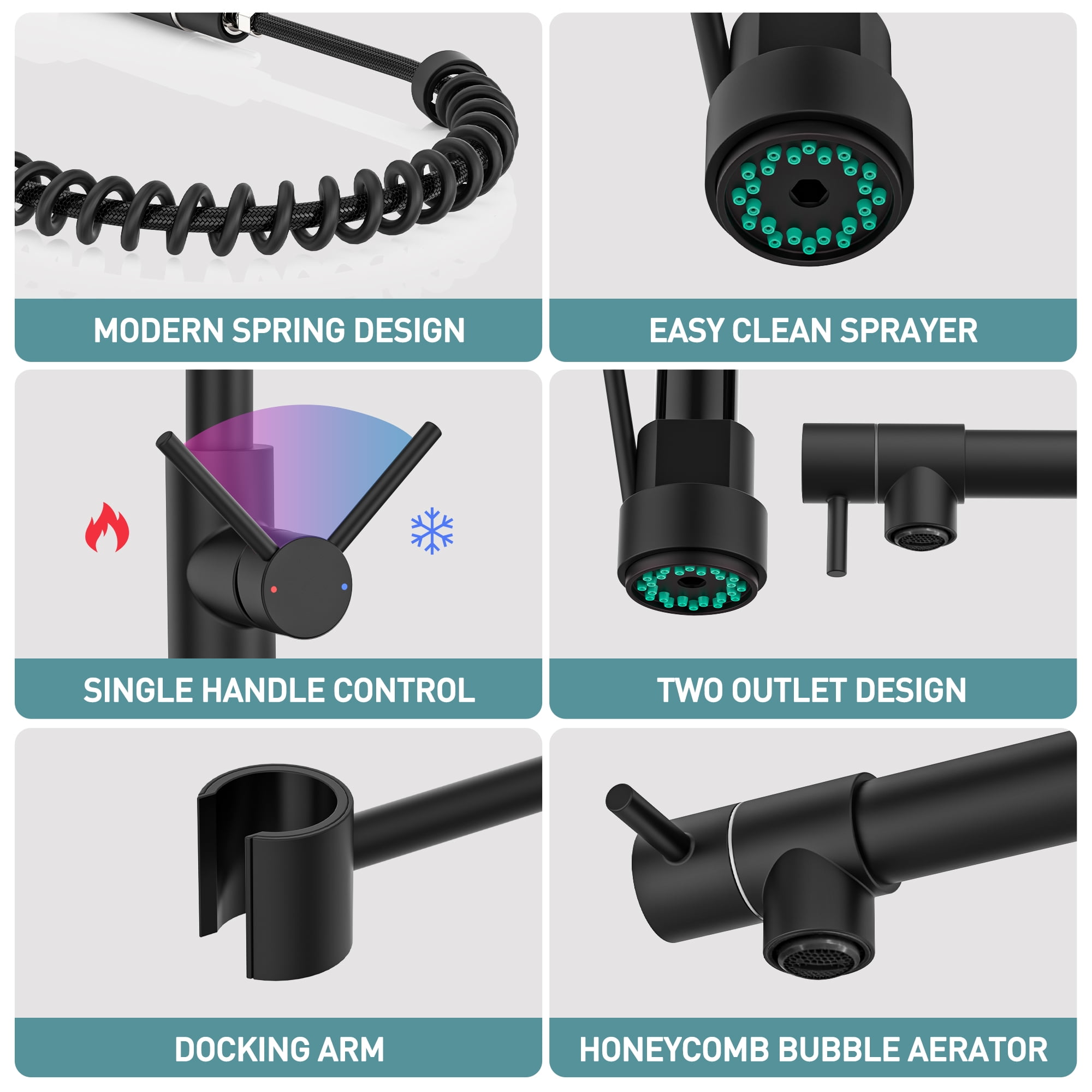 GPED Kitchen Faucet, Kitchen Sink Faucet with 2 Function Sprayer, SUS304 Stainless Steel & Double-Headed, Single Handle High Arc Kitchen Faucet with Pull Down Sprayer & Deck Plate, Matte Black